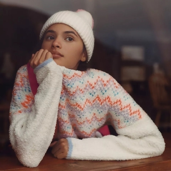 Anthropologie White Colorful Patterned Cozy Chunky Oversized Mock Neck Sweater - Picture 6 of 14